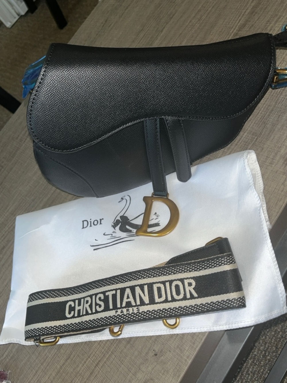 Cute fashion Black faux Leather Saddle Bag with Text Logo Strap